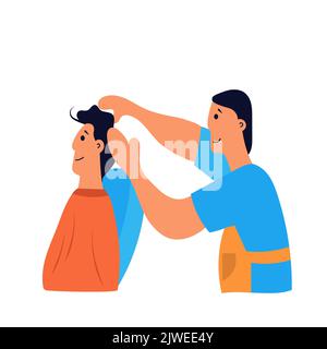 Hairdresser and client on beauty barber. Fashion hairstyle vector illustration and customer barber service. Barbershop profession and man coiffure. Ha Stock Vector