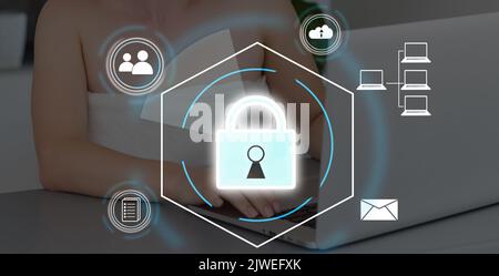 Digital padlock icon, cyber security network and data protection technology on virtual interface screen. Online internet authorized access against Stock Photo
