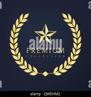 A logo of a star and editable text premium collection in the gold laurel wreath on the dark background Stock Vector