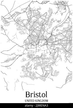 Black and white classic urban map of Bristol United Kingdom.This map contains geographic lines for main and secondary roads. Stock Photo