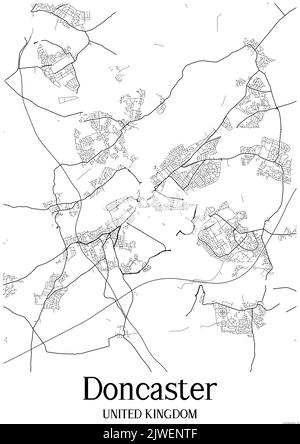 Black and white classic urban map of Doncaster United Kingdom.This map contains geographic lines for main and secondary roads. Stock Photo