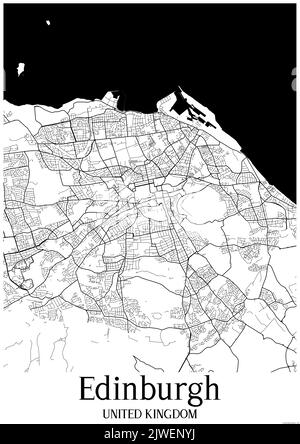 Black and white classic urban map of Edinburgh United Kingdom.This map contains geographic lines for main and secondary roads. Stock Photo