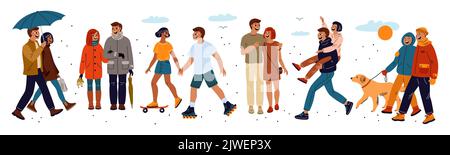 Different weather walking. Couple in love. Man and woman in seasonal clothes. Winter and autumn apparel. Spring and summer outfits. Stroll in park Stock Vector