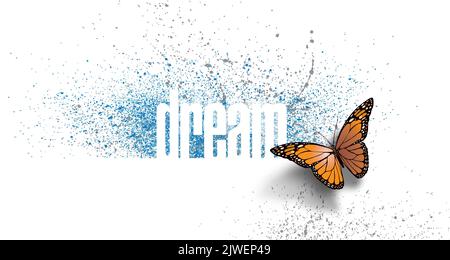 Inspirational abstract design with the word dream and iconic butterfly on ink splatter or spatter graphic background. Use for encouragement themes Stock Photo
