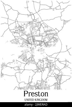 Black and white classic urban map of Preston United Kingdom.This map contains geographic lines for main and secondary roads. Stock Photo