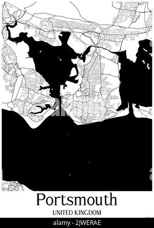 Black and white classic urban map of Portsmouth United Kingdom.This map contains geographic lines for main and secondary roads. Stock Photo