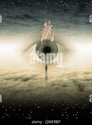 Large eye in cloudy space. 3D rendering Stock Photo