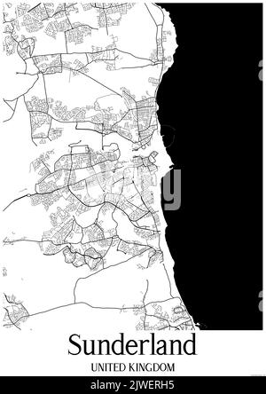 Black and white classic urban map of Sunderland United Kingdom.This map contains geographic lines for main and secondary roads. Stock Photo