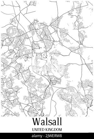 Black and white classic urban map of Walsall United Kingdom.This map contains geographic lines for main and secondary roads. Stock Photo