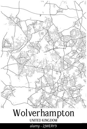 Black and white urban map of Wolverhampton United Kingdom.This map contains geographic lines for main and secondary roads. Stock Photo