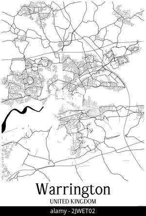 Black and white classic urban map of Warrington United Kingdom.This map contains geographic lines for main and secondary roads. Stock Photo