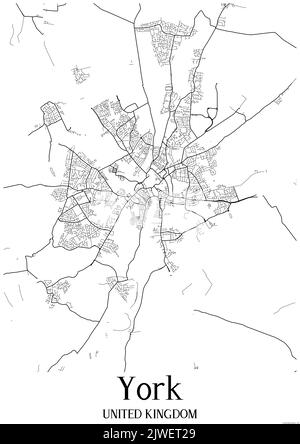 Black and white urban map of York United Kingdom.This map contains geographic lines for main and secondary roads. Stock Photo