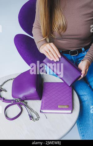 Notebook for business notes of purple color. Women's case notebook Stock Photo
