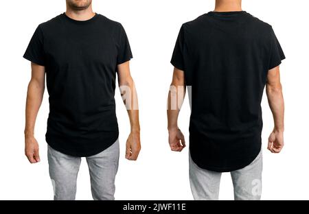 man in black blank long fit t-shirt. front and back mockup template for design. isolated on white background Stock Photo