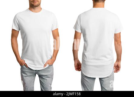 man in white blank t-shirt. front and back mockup template for design. isolated on white background Stock Photo