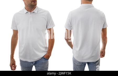 man in white cotton polo shirt isolated on white background. mockup for design Stock Photo