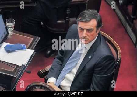 Buenos Aires, Argentina. 22nd Aug, 2018. Argentinian politician Esteban Bullrich seen during a Senate session. A former Minister of Education and Senator, Bullrich, 53, was diagnosed amyotrophic lateral sclerosis (ALS) in 2021 and is currently hospitalized. Credit: SOPA Images Limited/Alamy Live News Stock Photo