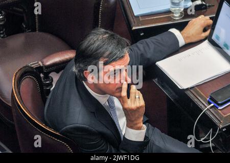 Buenos Aires, Argentina. 22nd Aug, 2018. Argentinian politician Esteban Bullrich seen during a Senate session. A former Minister of Education and Senator, Bullrich, 53, was diagnosed amyotrophic lateral sclerosis (ALS) in 2021 and is currently hospitalized. Credit: SOPA Images Limited/Alamy Live News Stock Photo