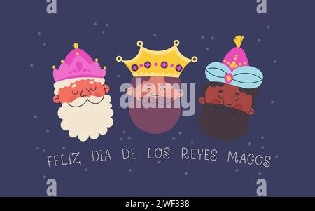 Lettering in Spanish Happy Three Magic Kings Day. Greeting card or banner for the day of Epiphany. Vector fashion illustration. Stock Vector