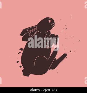 Black rabbit on a pink background with splashes of black. The hare is flying or jumping. Symbol of 2023. Vector trendy illustration for design, t Stock Vector