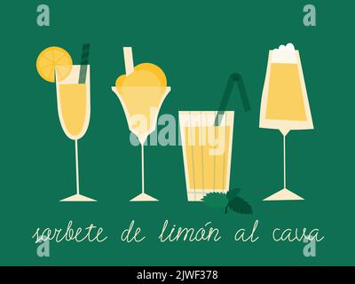 Lemon cava sorbet. A set of various glasses with an alcoholic cocktail of lemon ice cream and sparkling wine. Vector flat retro illustration for Stock Vector