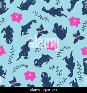Vector Christmas seamless pattern with hares in various poses. Symbol of 2023, poinsettia plants and flowers, holly berries. Trendy background for Stock Vector