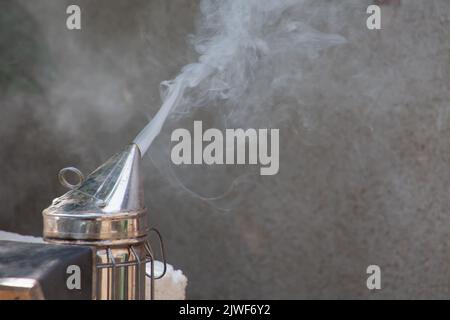 The chimney is smoking. Equipment for beekeeping close-up. Abstract smoke dispersed in the air Stock Photo