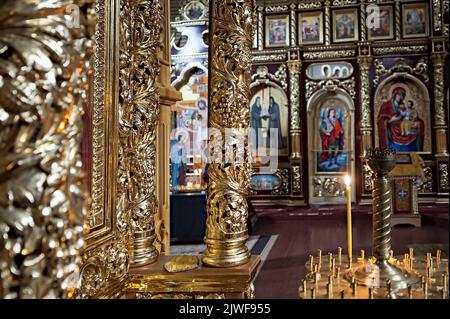 Golden interiors of Manyava Skete of the Exaltation of the Holy Cross, known as Ukrainian Athos in Carpathians of western Ukraine Stock Photo