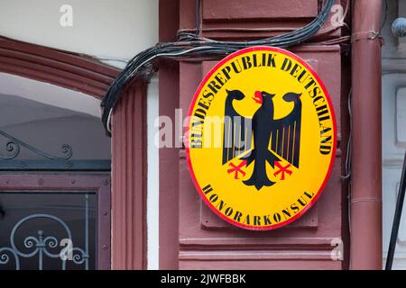 Odessa, Ukraine - June 28 2018: Sign at the entrance of the German Honorary Consul. Stock Photo