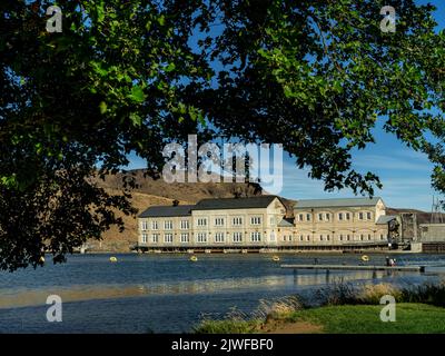 Snake River Dam in the light of morning with a large tree Stock Photo