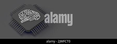 AI (Artificial Intelligence) concept: White dots connecting CPU brain symbol on circuit board chip. 3d render illustration grey background, copy space Stock Photo