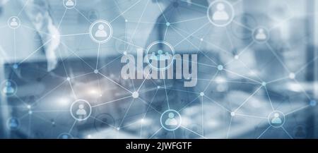 Social media. People relation and organization structure. Business and communication technology concept. Background with silhouettes. Stock Photo