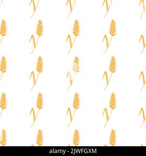 Seamless pattern with spikelets and grains of wheat on white background. Vector cartoon flat illustration for backery packaging, flour production Stock Vector