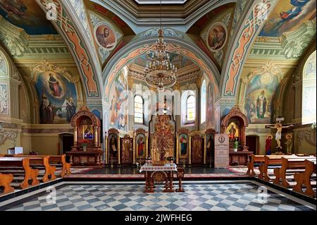 Interior of Church of St. Nicholas (Church of Transfiguration) of the Krekhiv, Lviv district, Ukraine Stock Photo