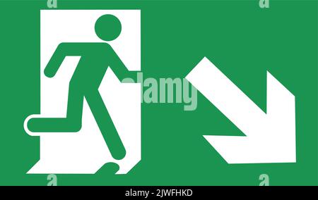 Isolated green fire exit down right icon. Concept of emergency and evacuation. Stock Vector