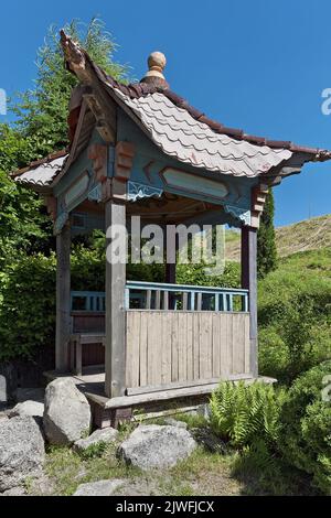 Chinese gazebo in the garden of Zolochiv Castle in Zolochiv, Lviv Oblast, Ukraine Stock Photo