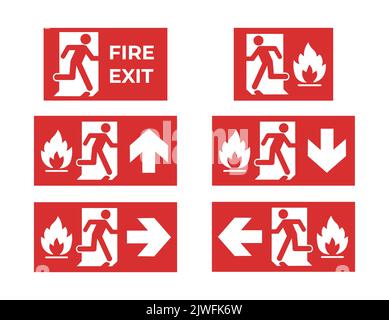 Set of red fire exit icons. Concept of emergency and evacuation. Stock Vector