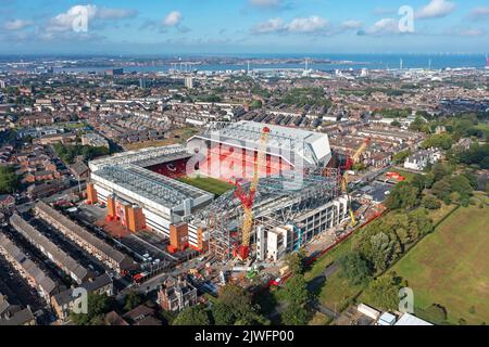 Anfield, Liverpool Football Club. Merseyside, Uk Sport. 5th September 2022. Construction work continues on the new Stand at Anfield which is set to completed for the 2023/2024 Premier League season. Credit: Tom McAtee/Alamy Live News Stock Photo