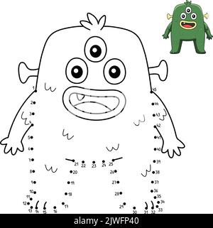 Dot to Dot Three Eyed Monster Isolated Coloring Stock Vector