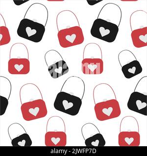 Seamless pattern with ladies styled purse in black and red tints. Repeating texture. Abstract background. Trendy print design. Template for wrapping paper, poster, postcard, greeting card, tag, banner Stock Vector