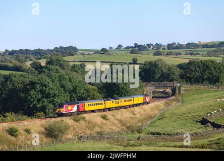 Powered by 2 Colas HST power cars the Network Rail PLPR infrastructure monitoring train in the Yorkshire countryside near Clapham Stock Photo