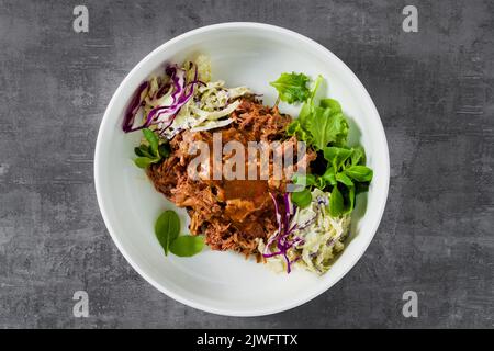 BOWL with pulled pork , gravy and Cole Slaw salad. Stock Photo