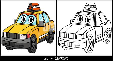 Taxi with Face Vehicle Coloring Page Illustration Stock Vector