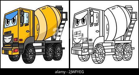 Concrete Mixer with Face Vehicle Coloring Page  Stock Vector