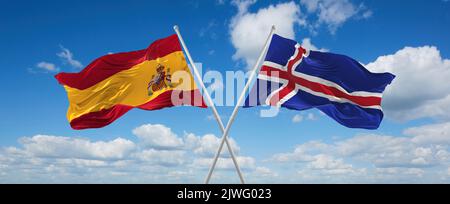 two crossed flags Iceland  and spain waving in wind at cloudy sky. Concept of relationship, dialog, travelling between two countries. 3d illustration Stock Photo