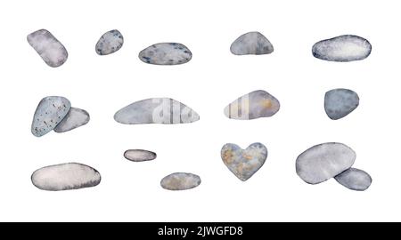 Collection of aligned stones. Set of watercolor elements for design. Gray stones, pebbles. Stock Photo