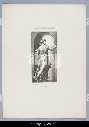 Photograph of print: Marcantonio Raimondi (c. 1470 or 1482 - 1527 or 1534) according to Raphael (1483-1520), La Justice; sheet from: Notice sur la vie de Marc Antoine Raimondi Graveur Bolonais accompagnée de reproductions photographiques de quelques unes ???????????????????. Blanquart-Évrard, Louis-Désiré (1802-1872), printing house, Delessert, Benjamin (1817-1868), photographer, Goupil & Cie (Paryż ; firma wydawniczo-fotograficzna ; 1850-1884), publisher, Colnaghi, D. & Co. (Londyn ; galeria sztuki ; 1760- ), publisher Stock Photo