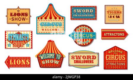 Circus signs and carnival signboards to show tickets booth, vector arrows. Funfair carnival direction banners and shapito fun fair attractions pointer signage or signboards with marquee and stars Stock Vector