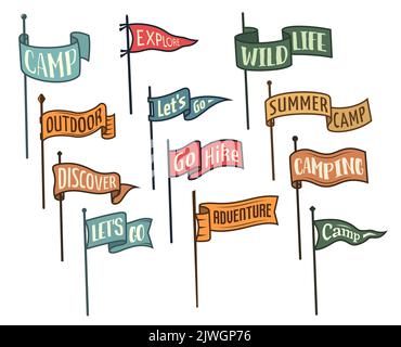 Camping pennant flags, isolated vector varsity scout or university banners for summer camp, outdoor hiking, camper wanderlust or adventure. Set of waving isolated flags on flagpoles Stock Vector