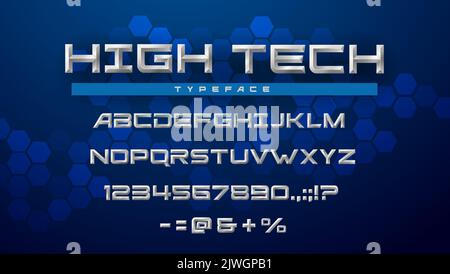 Font alphabet and high tech type, digital technology and futuristic 3d. Vector space or electronic font alphabet in silver blue, industrial minimal techno typeface, cyber innovation typography symbols Stock Vector